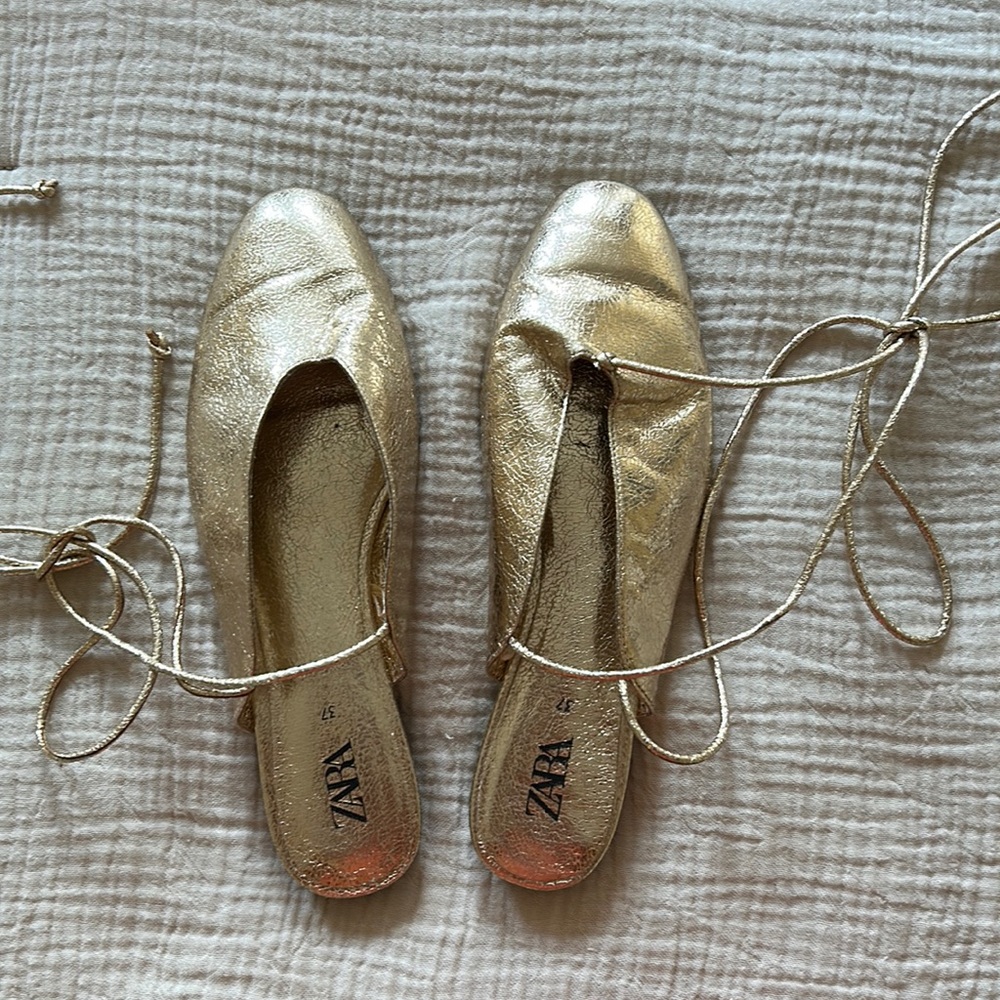 Zara Golden Flats with Lace up straps